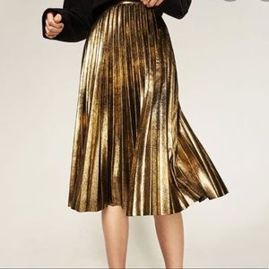 ZARA gold pleated skirt NWT